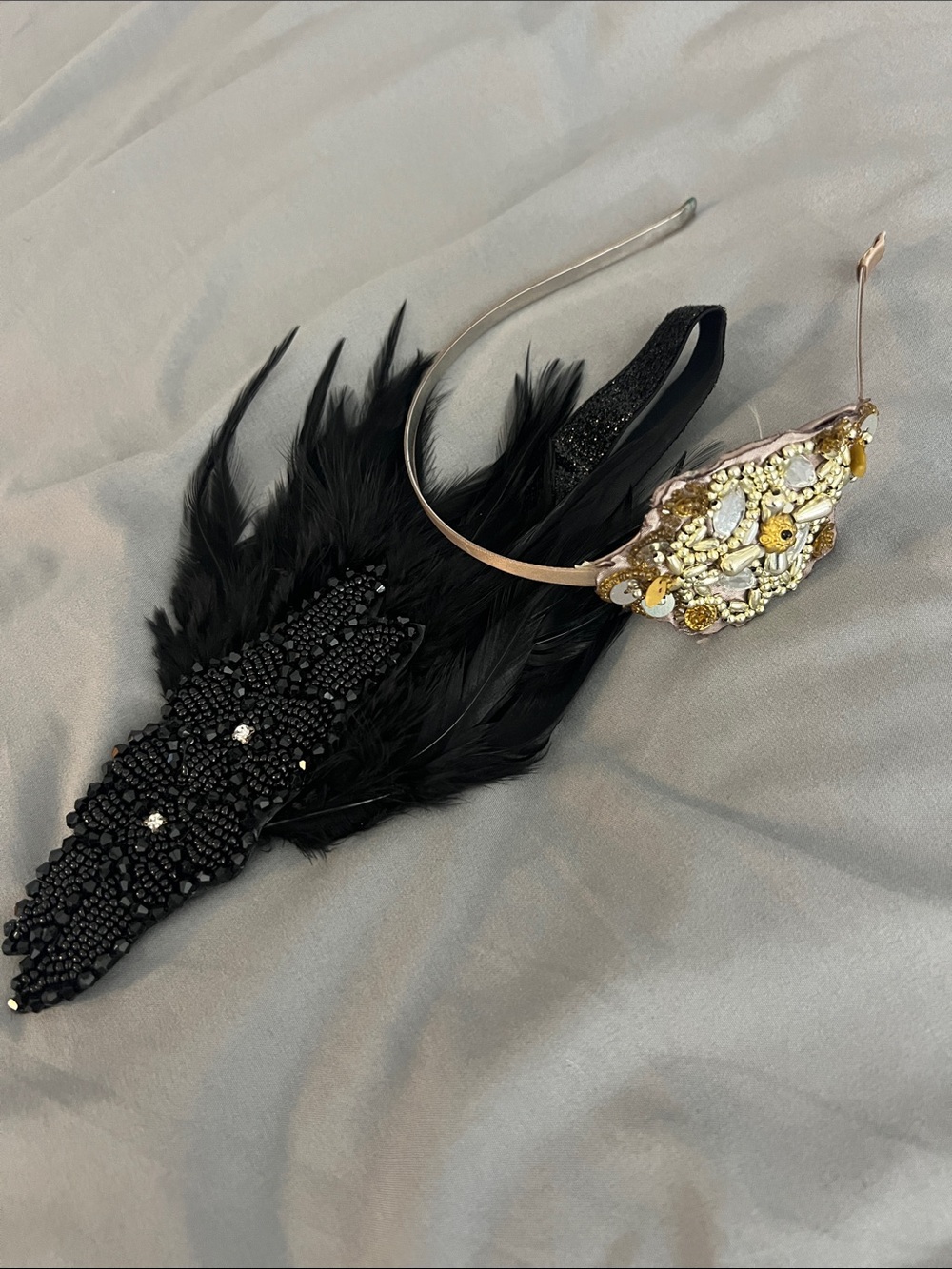 1920s inspired Headbands - Embellished Black Feather Headband & Gold Headband